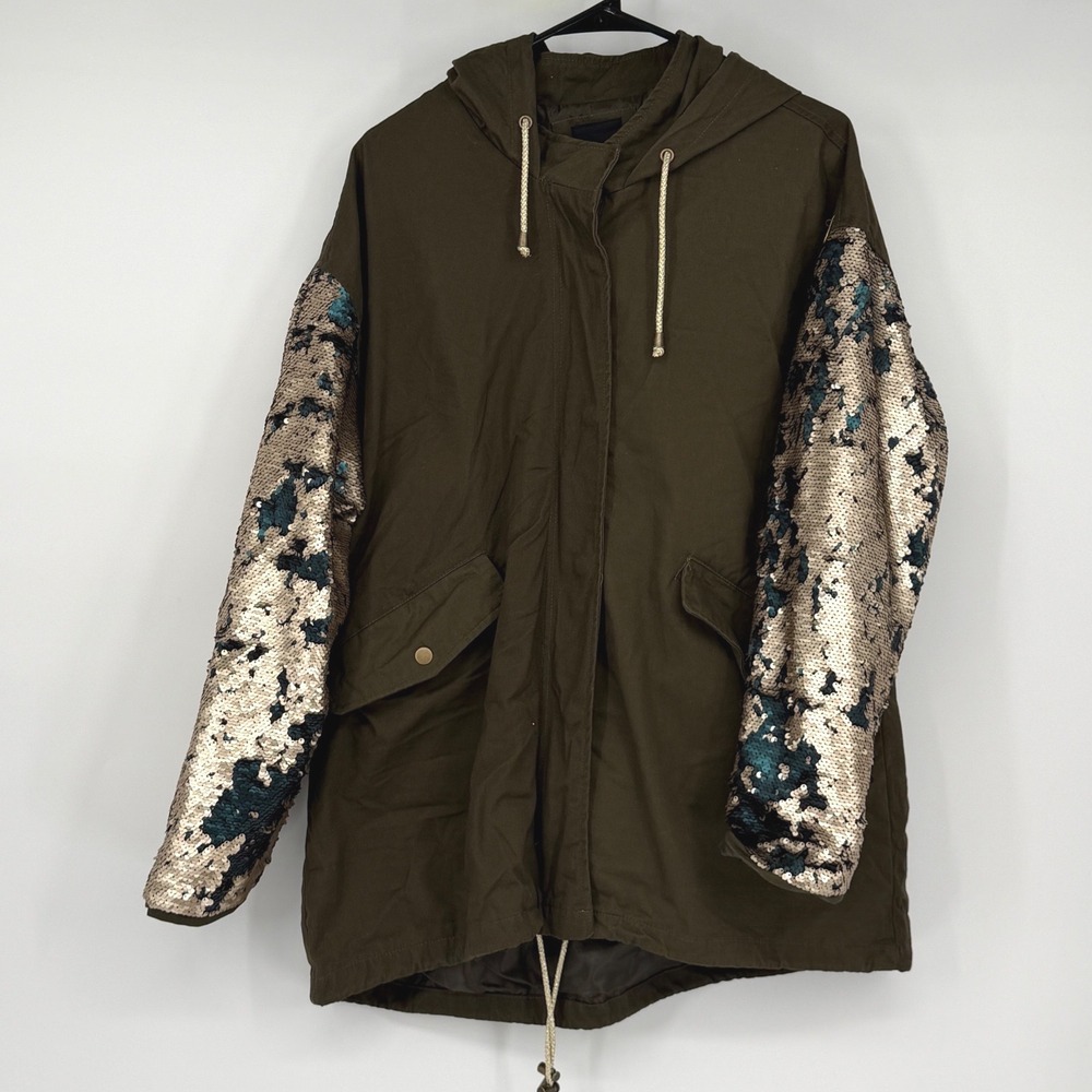 Me Jane Olive Green Sequin Sleeve Hooded Utility Parka Jacket Large